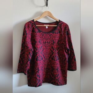 Dana Buchman Floral Scroll Top, Women's XL, Red with Grey & Black Faceted Gems